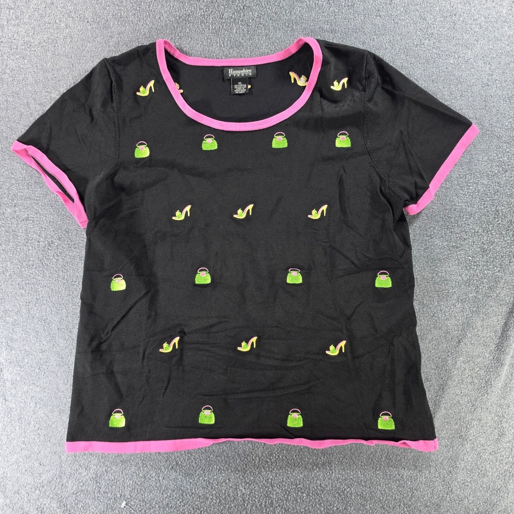 Vintage Hampshire Studio Kitschy Y2K Knit Top XL Novelty Embroidered Black Pink